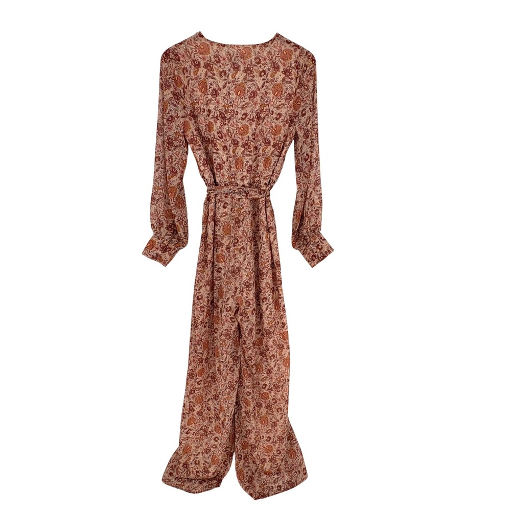 On Twelfth Floral Wide Leg Jumpsuit Womens Medium Rust Boho Metallic Long Sleeve - Picture 9 of 13